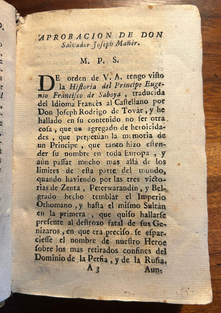 Historia del Principe Eugenio Francisco de Saboya translated from French to Spanish by Don Joseph Rodrigo de Tovar 1734