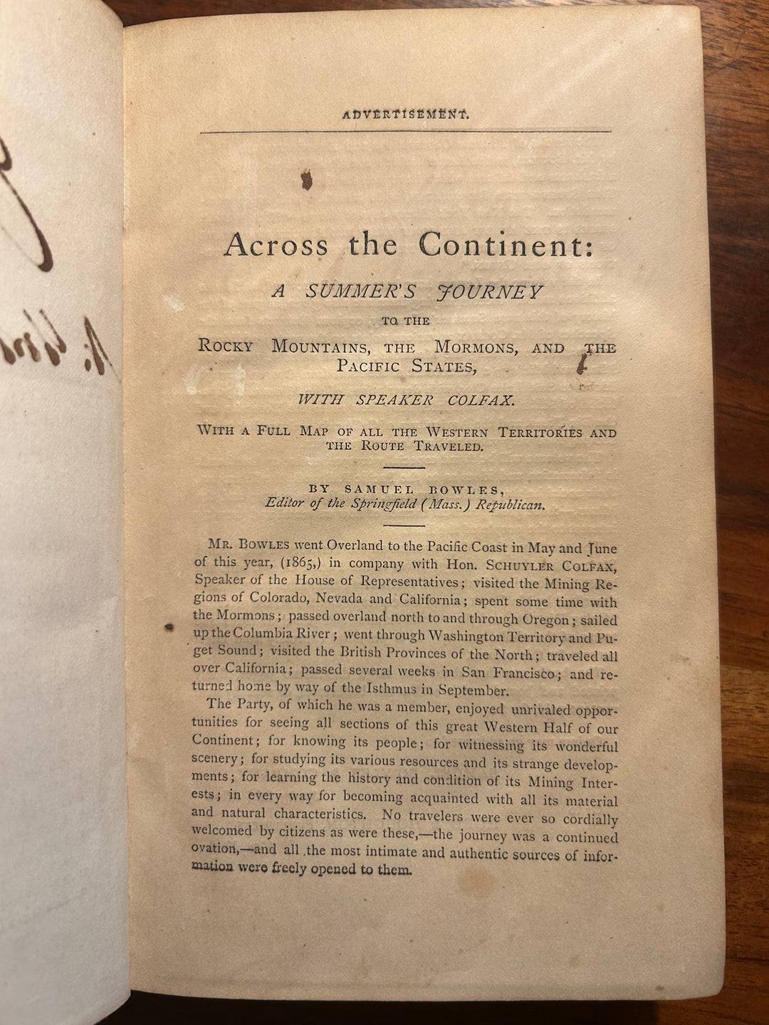 Across the Continen: A Summer's Journey in the Rocky Mountains, the Mormons, and the Pacific States, with Speaker Colfax t by Bowles 1865