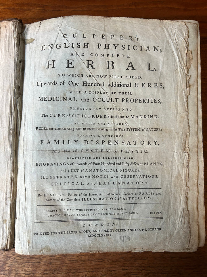 Culpepper's English Physician; and Complete Herbal By E. Sibly, Printed in London 1789