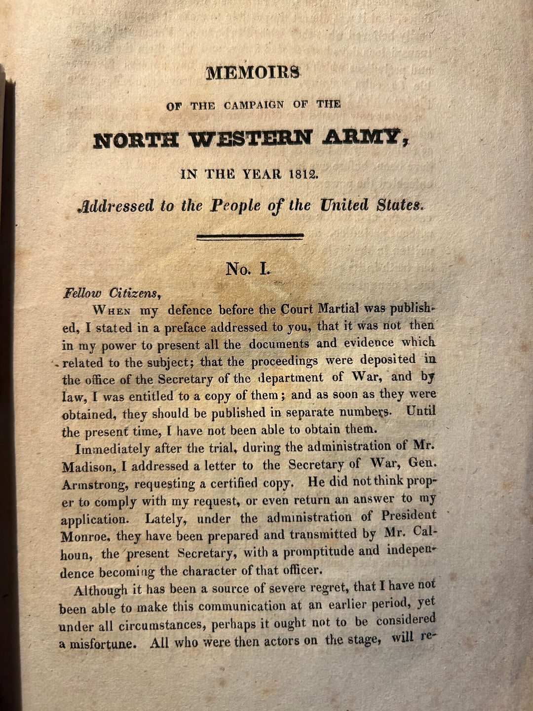 General William Hull's Memoirs or The Campaign or The North Western Army 1812, Published 1824