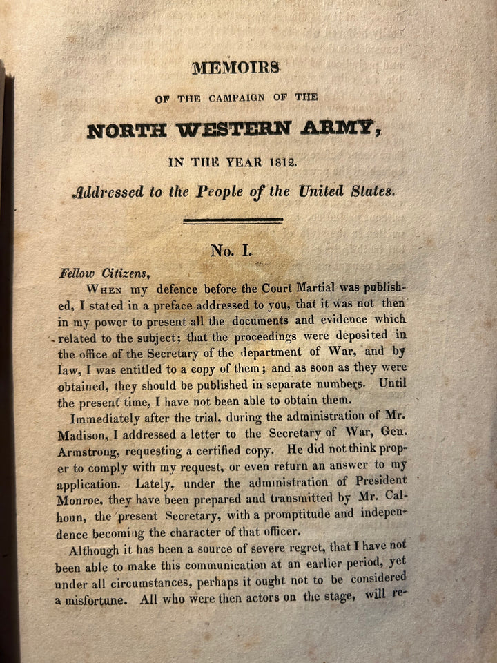 General William Hull's Memoirs or The Campaign or The North Western Army 1812, Published 1824